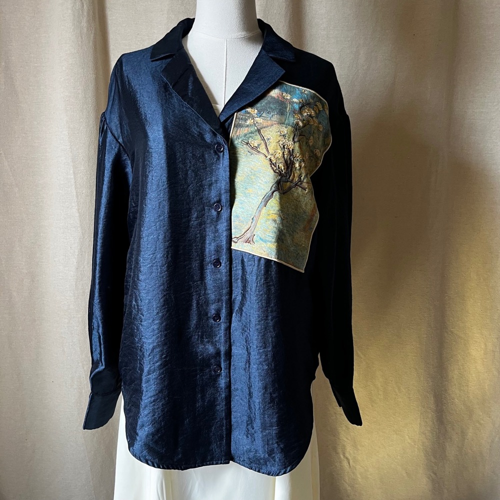 Van Gogh Museum Embroidered Art Shirt Navy Silk Blend M